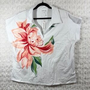 Love & Lace Womens Size XL White Floral V-Neck Short Sleeve Polo Top NEW